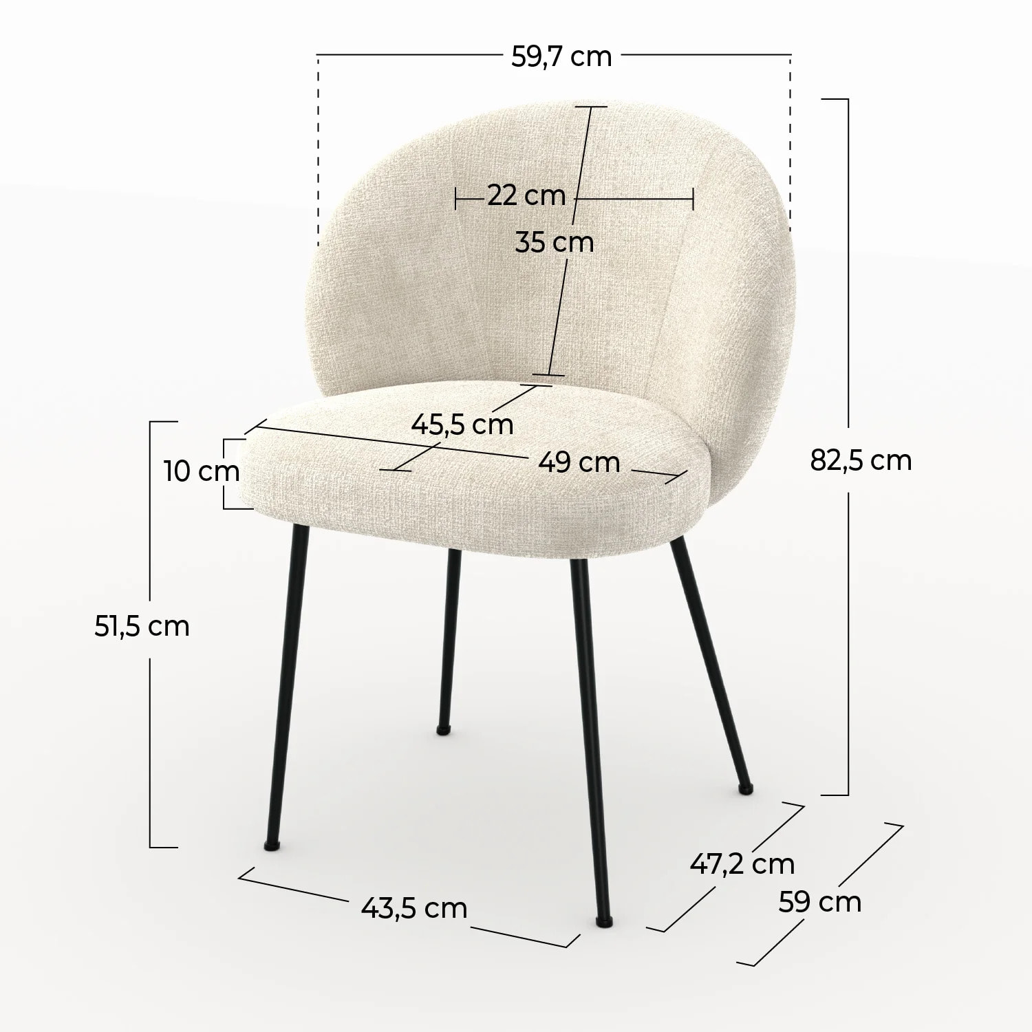 Chaise en velours chenillé écru et métal noir - Bloomy