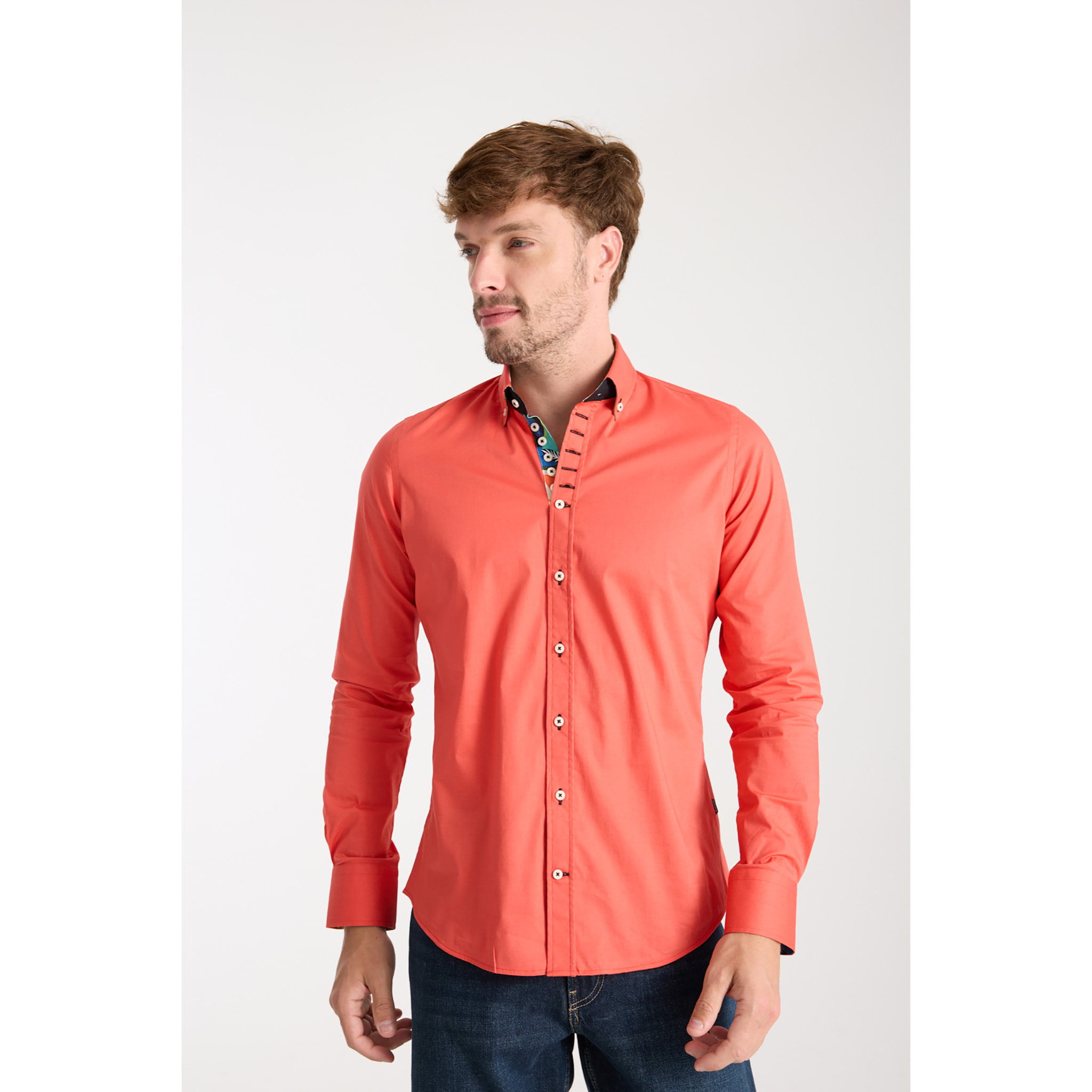Camicia Uomo 1 Bottoni Button Down Slim Popeline Stretch Unito Corallo