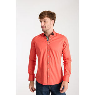 Camicia Uomo 1 Bottoni Button Down Slim Popeline Stretch Unito Corallo