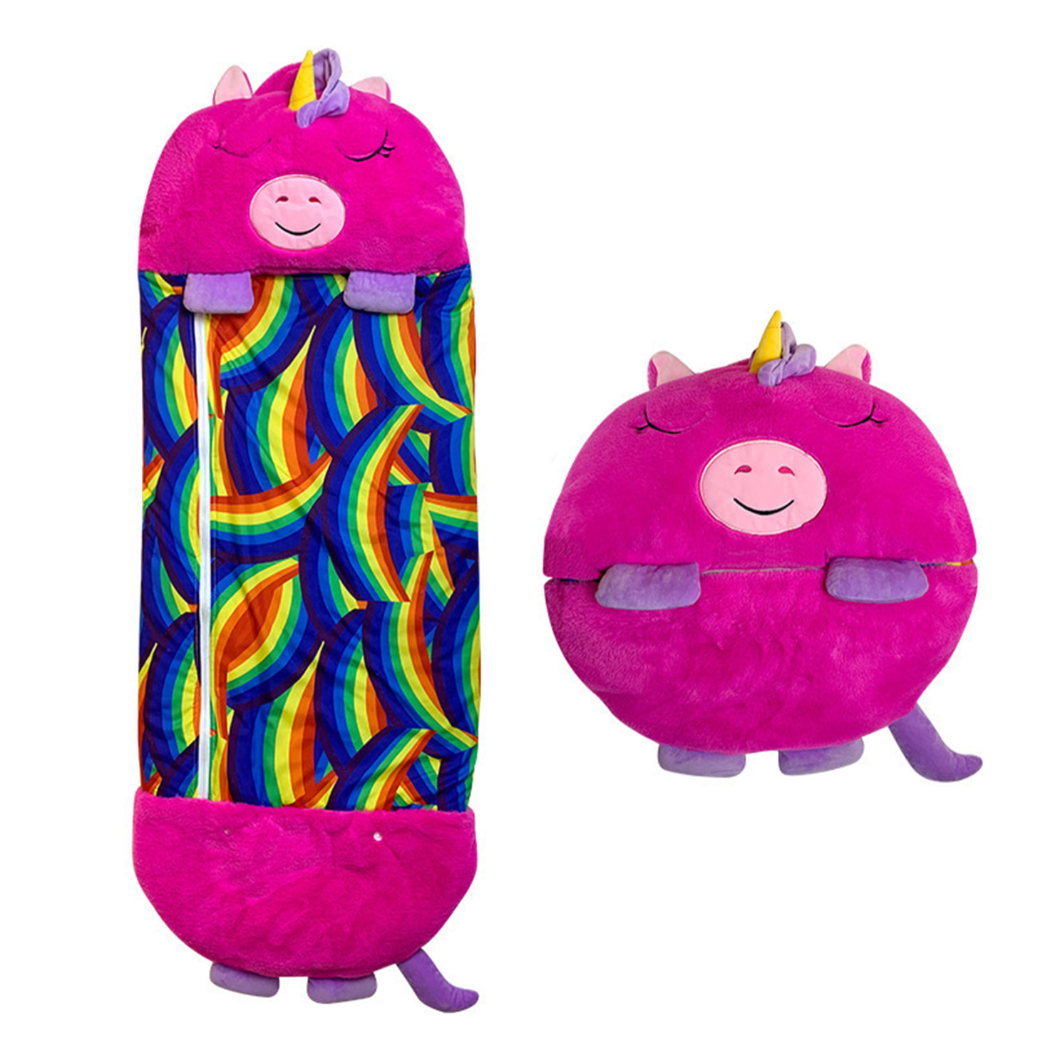 Saco de dormir convertible en almohada, para niños, Unicornio Rosa. Tacto peluche. Grande /L: 170x70cm.