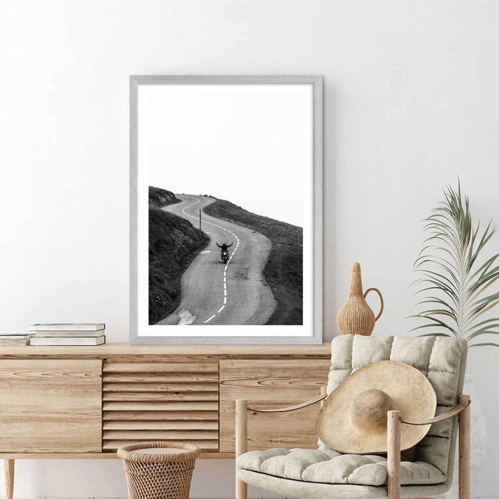 Affiche  balade solitaire en moto Affiche sous cadre bois