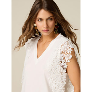 Oltre - T-shirt scollo a V con pizzo - Bianco