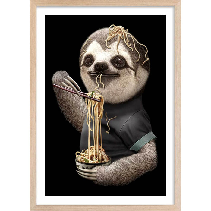 Affiche enfant repas de paresseux  Affiche + cadre en bois - Chêne