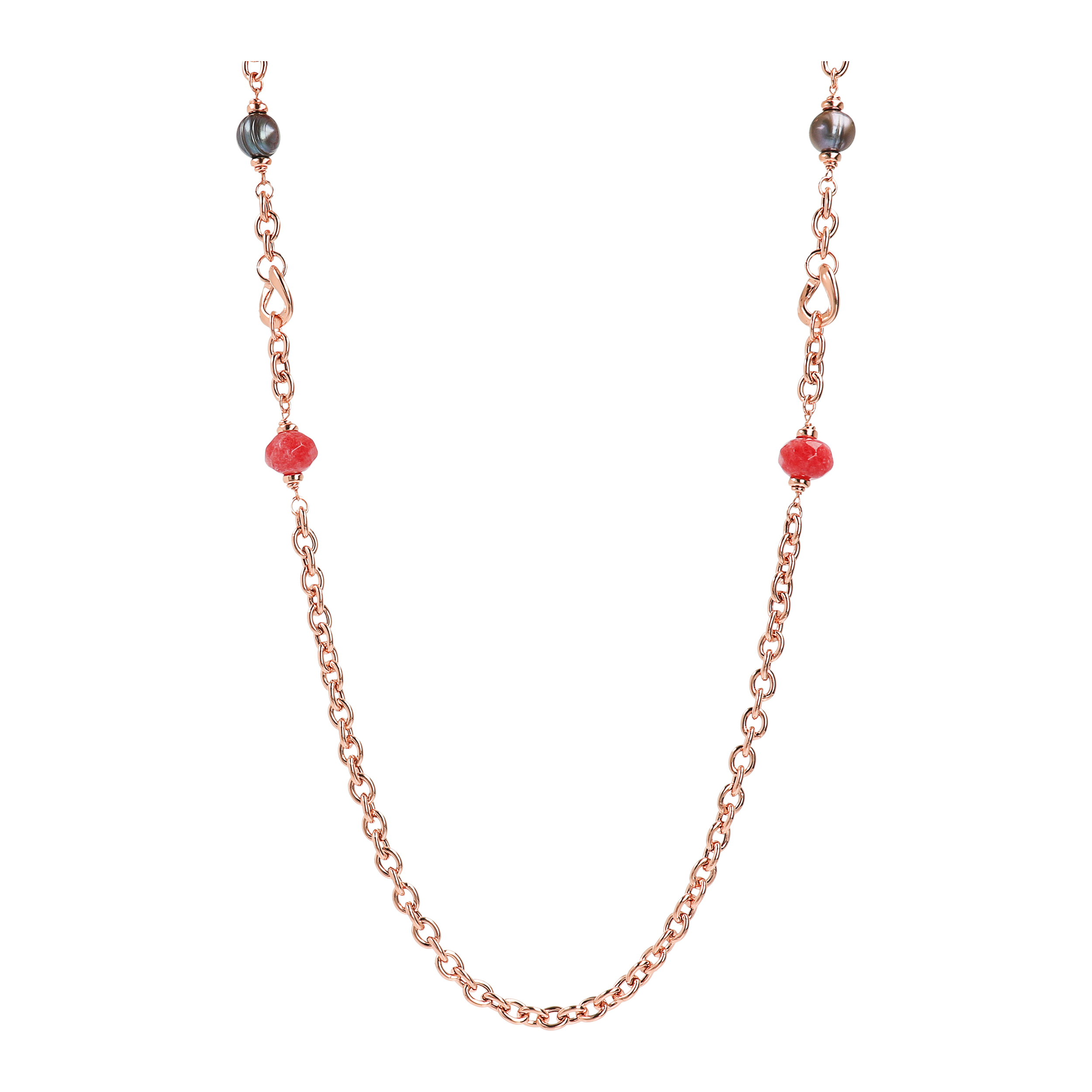 Collana Lunga Catena Rolo con Pietre Naturali Quarziti Rosse e Perle d'Acqua Dolce Bianche Ø 10/11 mm