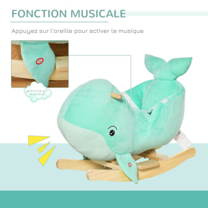 Jouet à bascule baleine - effet sonore chant baleine - fauteuil intégré, ceinture de sécurité - bois peuplier peluche courte polyester turquoise clair