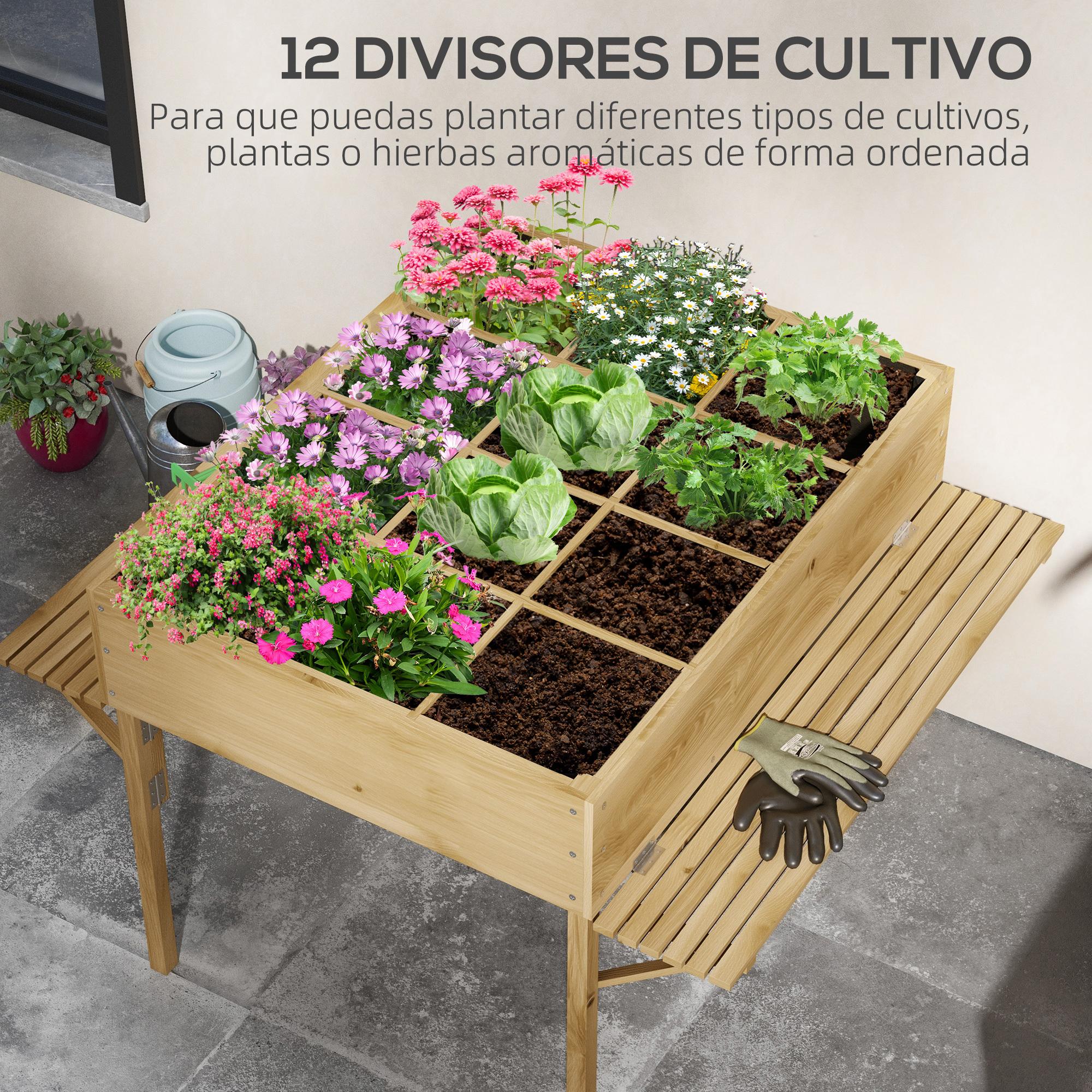 Mesa de Cultivo de Madera Huerto Urbano Elevado 122x91,5x89 cm con 2 Estantes Plegables Tela no Tejida para Cultivo Plantas Flores Verduras Natural