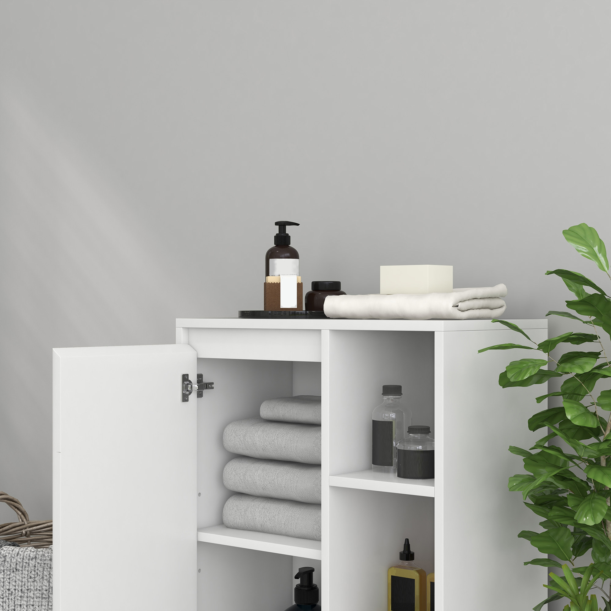 Mueble Auxiliar de Baño Moderno Armario de Baño con Estantes Abiertos Puerta y Estante Ajustable Antivuelco para Salón Dormitorio 53x30x80 cm Blanco