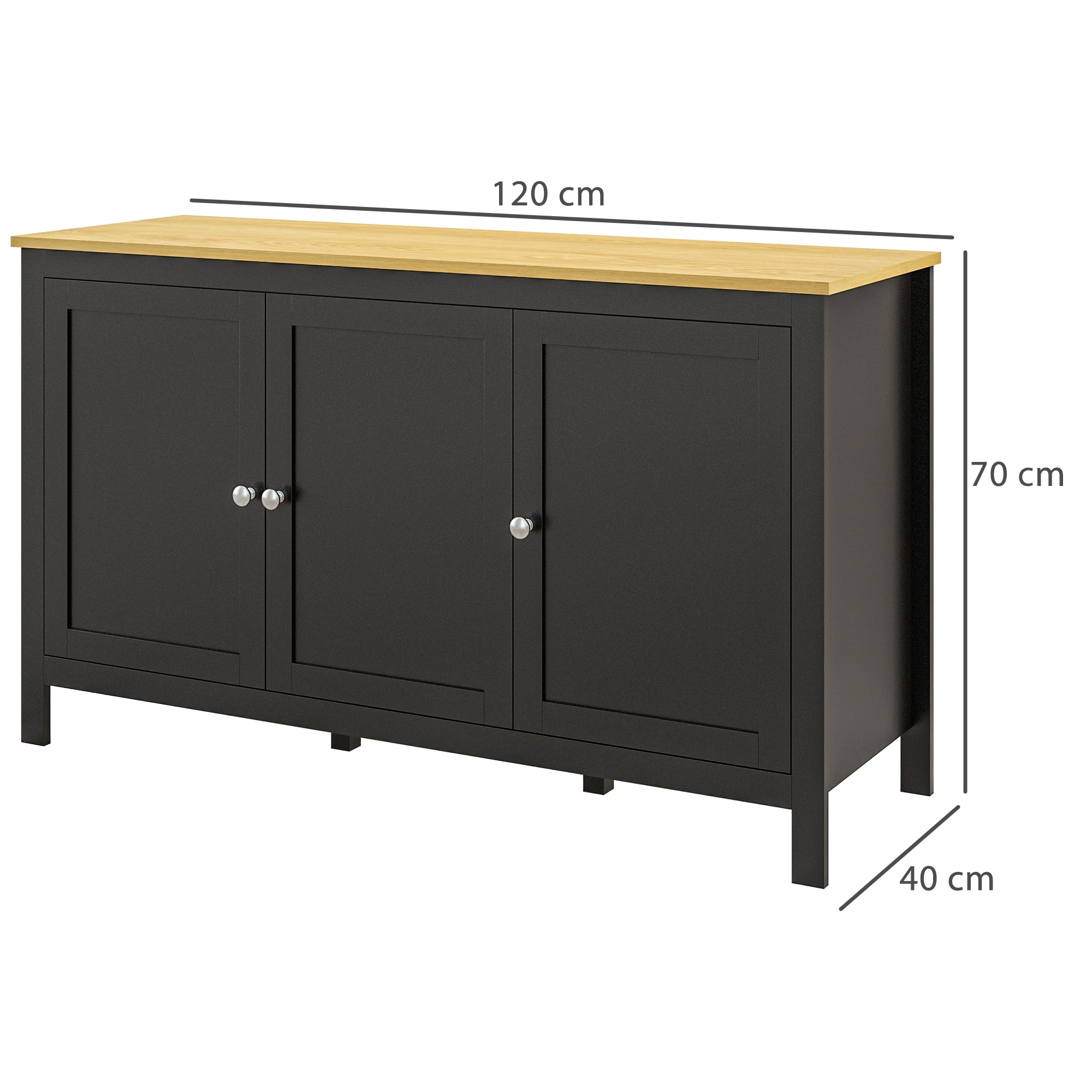 Buffet bas style classique chic - 3 portes, 2 étagères réglables - MDF panneaux noir aspect bois clair
