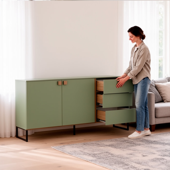 Madia Soggiorno Credenza 2 Ante 3 Cassetti Con 2 Ripiani Interni Piedini Neri Mobile Sala Da Pranzo Soggiorno 184 x 86 x 40 Cm Colore Verde E Rovere