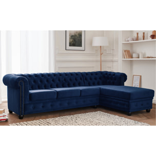 William - canapé Chesterfield d'angle droit - 4 places - en velours - Bleu nuit