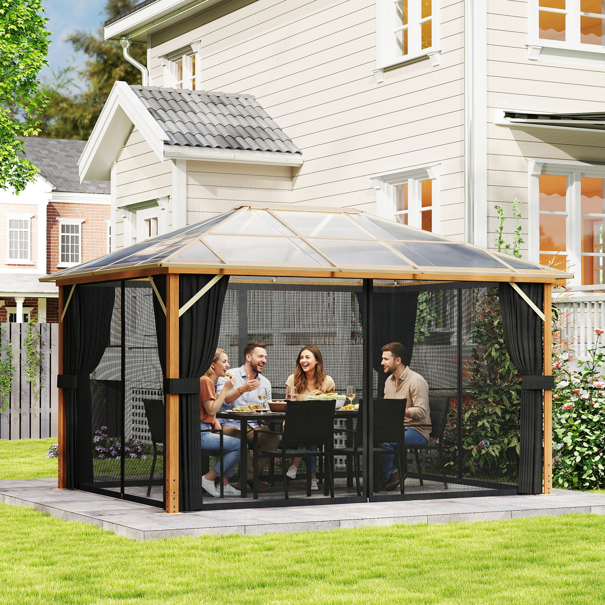 Pergola pavillon de jardin alu effet bois toit polycarbonate 3 x 4 m rideaux moustiquaires inclus