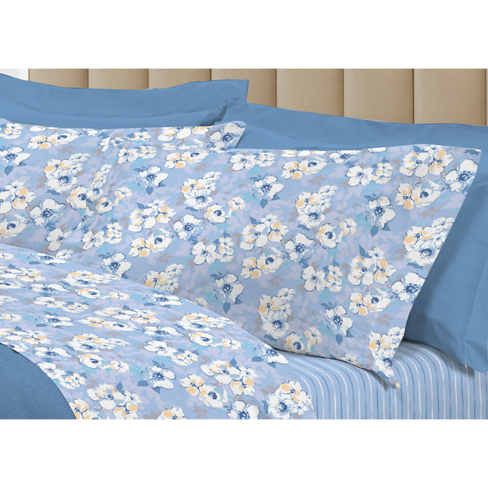 Completo Lenzuola Linea 3027 In Percalle Fantasia Floreale Disegno Indie Azzurro