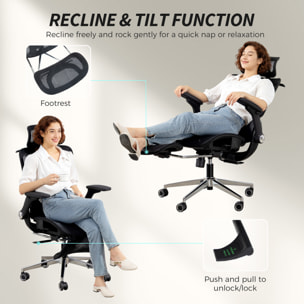 Silla de Escritorio Ergonómica con Reposapiés, Silla de Oficina Giratoria, con Respaldo Reclinable y Alto, Soporte Lumbar, Malla Transpirable, Reposabrazos 4D y Reposacabezas Ajustable, Ruedas
