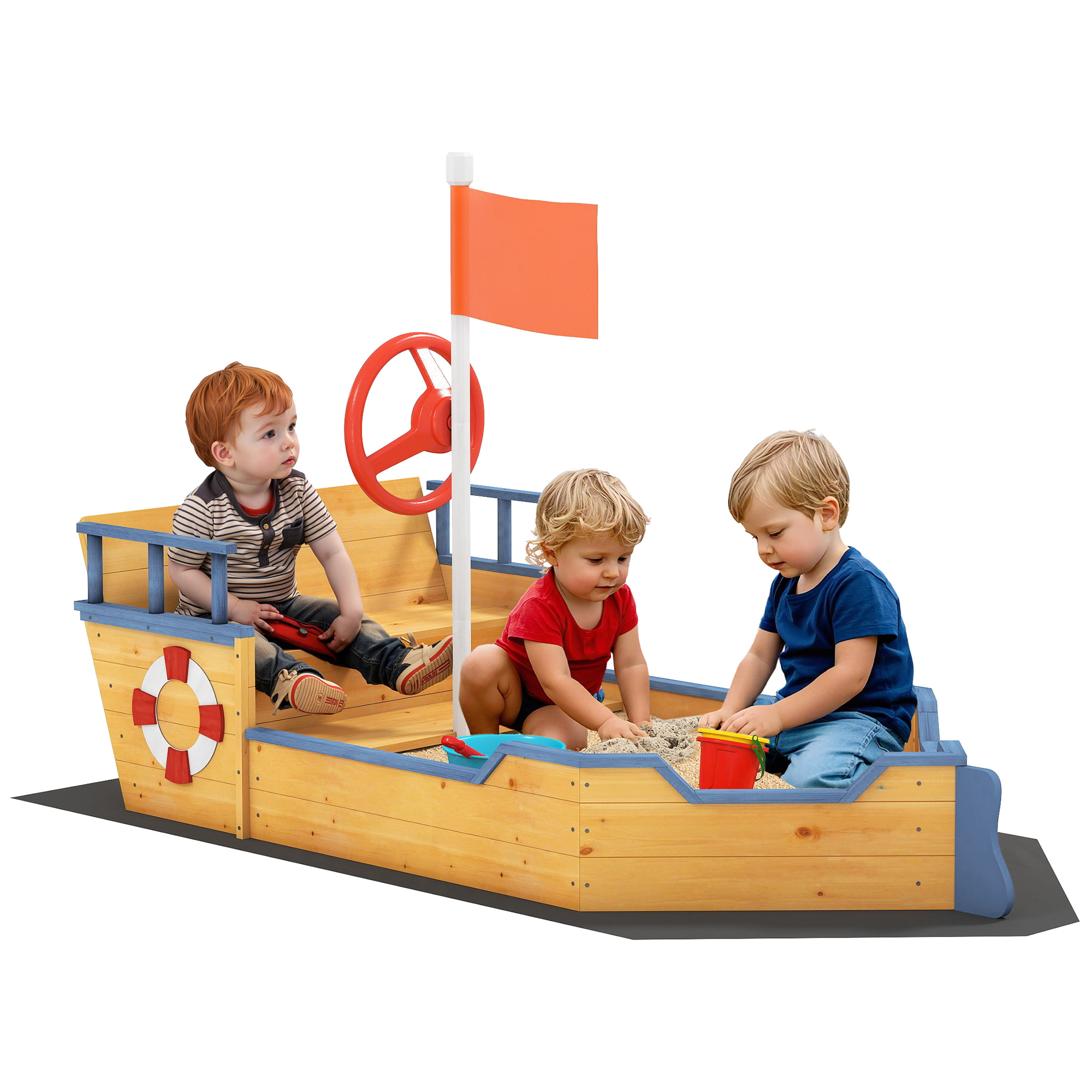 Arenero Infantil de Madera Diseño de Galeón con 2 Escalones Banco con Almacenaje Bandera y Timón Cajón de Arena de Jardín para Niños de +3 Años 158x78x45,5 cm Natural