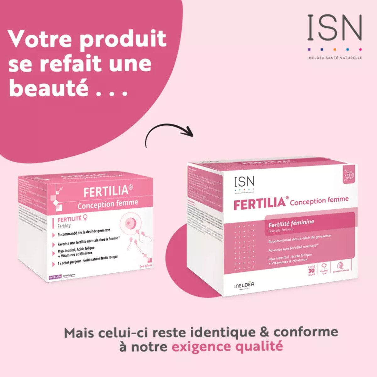 ISN - Ineldea Santé Naturelle Fertilia Conception Femme - Complément alimentaire à base de Myo-inositol, Acide Folique, Iode et antioxydants - Favorise une fertilité normale chez la femme - Cure 30j