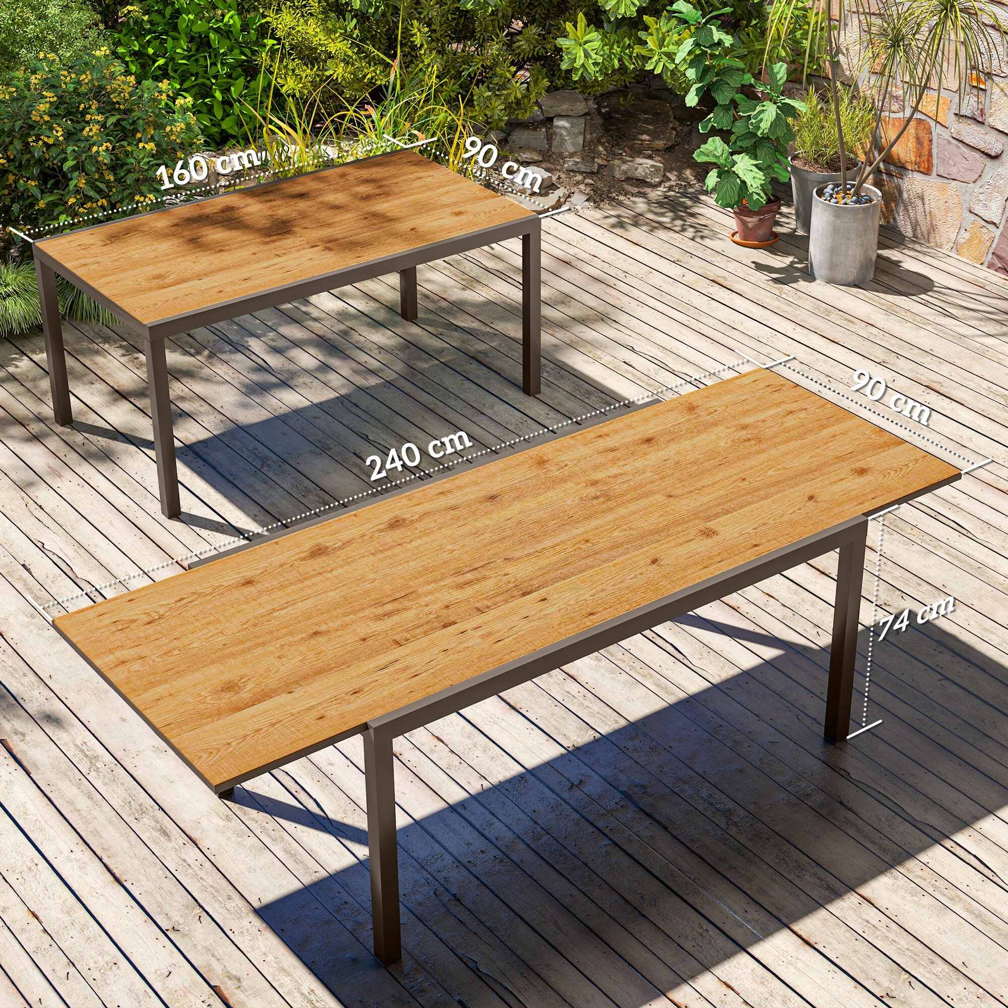 Mesa de Jardín Extensible Mesa de Comedor Exterior Ajustable 160-240 cm con Borde de Aluminio Carga 70 kg Mesa Rectangular para 6-8 Personas para Patio Terraza Marrón