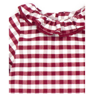 Blusa con cuello volante de cuadro vichy granate y blanco