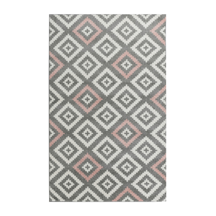 Tavla - tapis de salon en laine artificielle motif graphique rose et gris