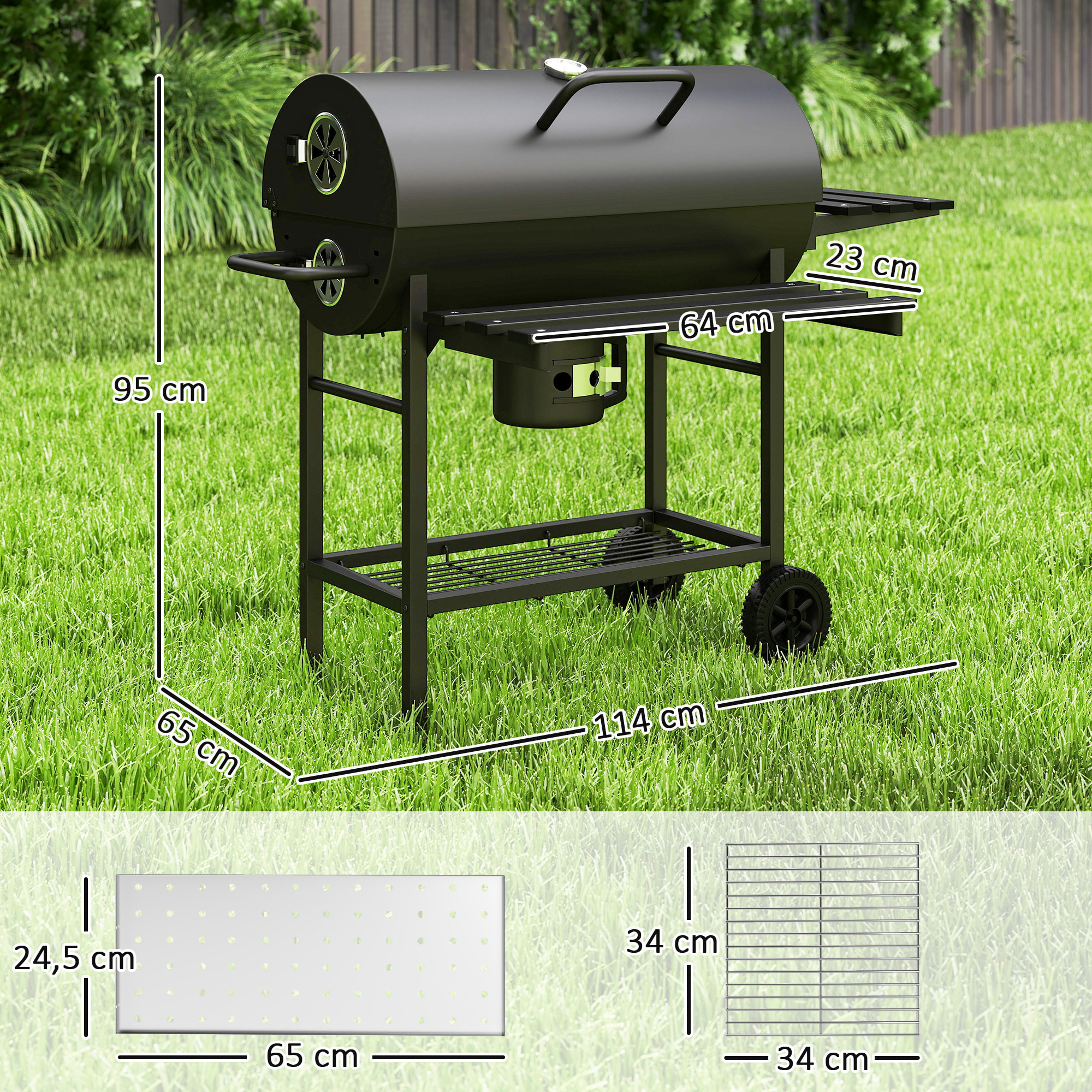 Barbecue charbon de bois avec couvercle 2 roues - 2 tablettes pliables, étagère, thermomètre - acier noir