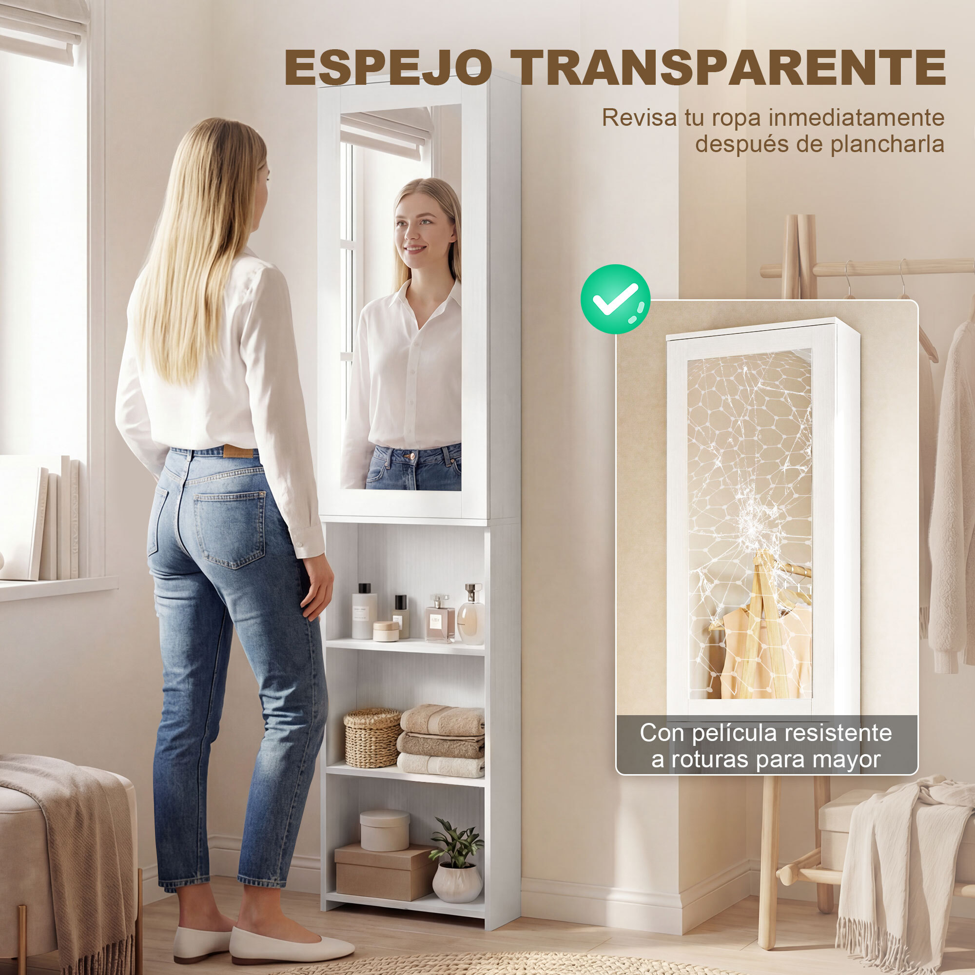 Mueble de Plancha con Espejo, Tabla de Planchar Plegable, Mueble Planchador con 6 Compartimentos, 2 Ganchos, para Espacios Reducidos, 107x35x174 cm, Blanco