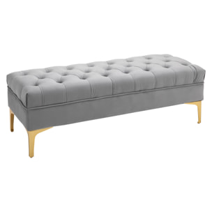 Banc banquette capitonnée style classique chic dim. 118L x 45l x 42H cm piètement métal doré velours gris clair