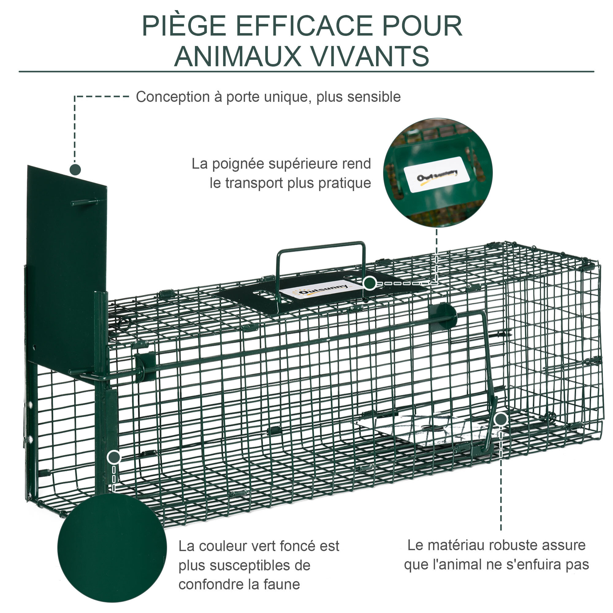 Piège de capture pour petits animaux type lapin rat - entrée, poignée - dim. 60L x 18l x 20H cm - métal vert