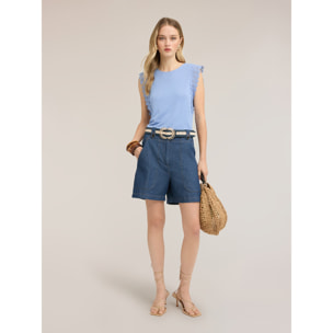 Motivi - T-shirt in misto lino con inserti in pizzo - Azzurro