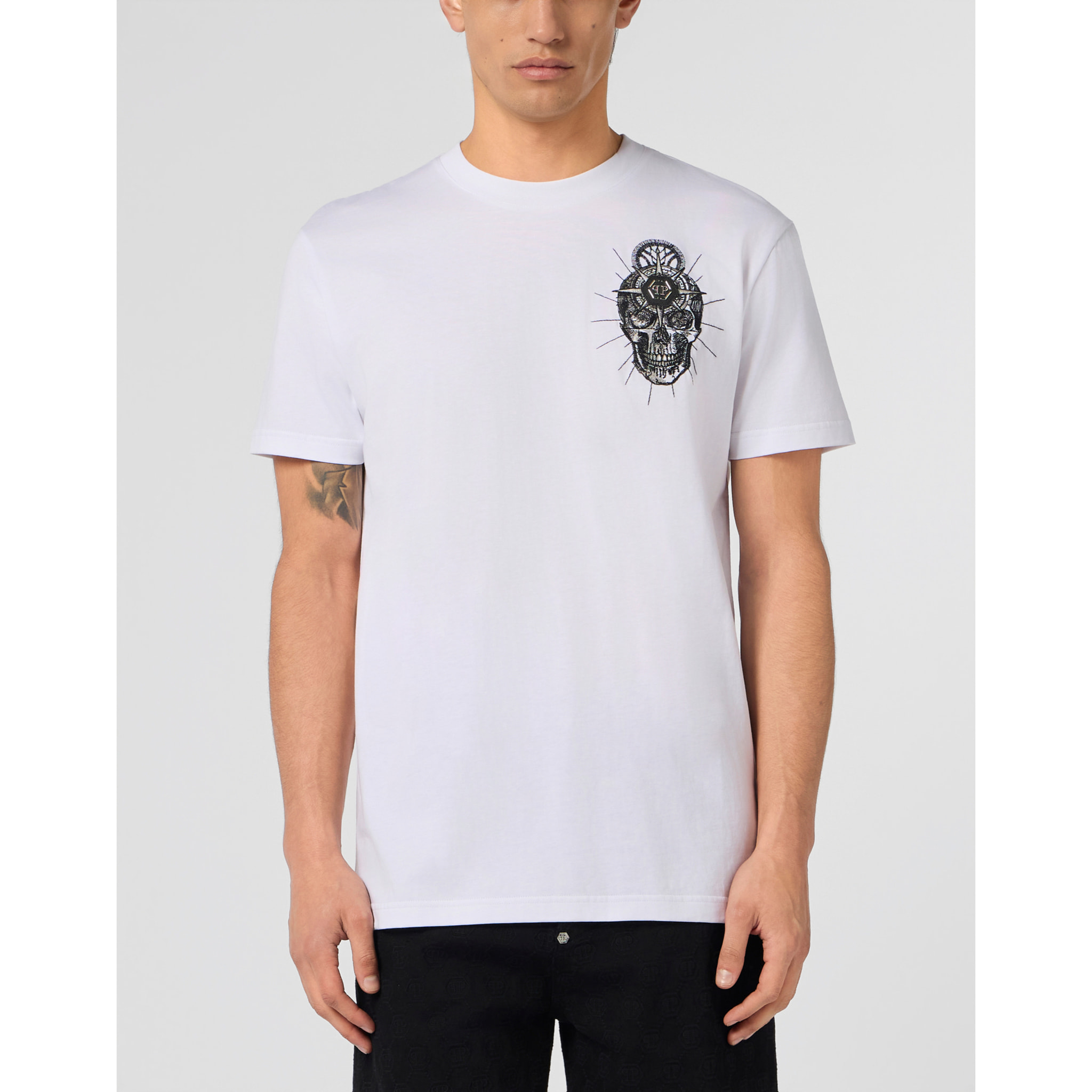 PHILIPP PLEIN Round Neck T-Shirt Chest Embroidery Skull