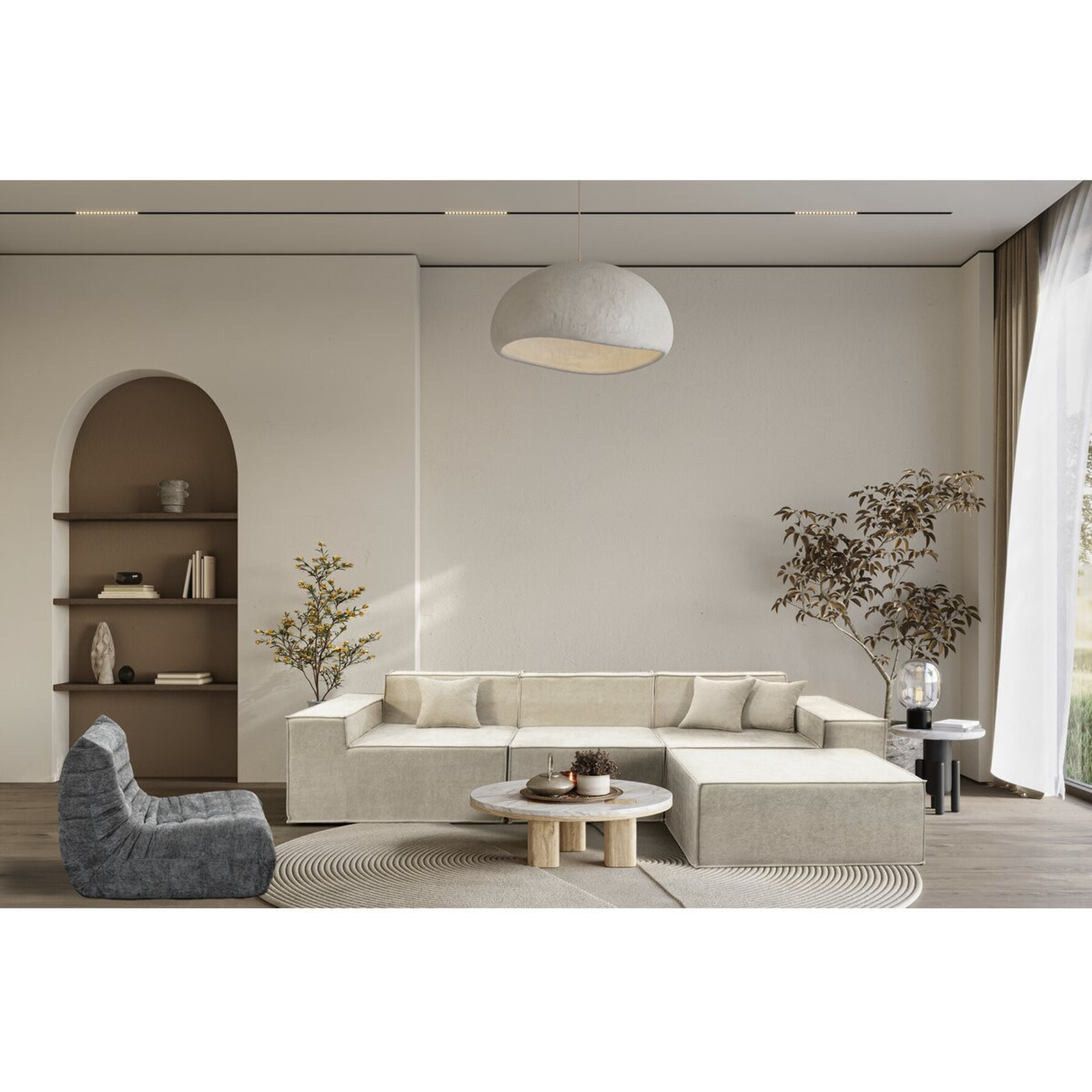 Canapé droit modulable avec ottoman en tissu texturé "Lusso" - 4 places - Beige