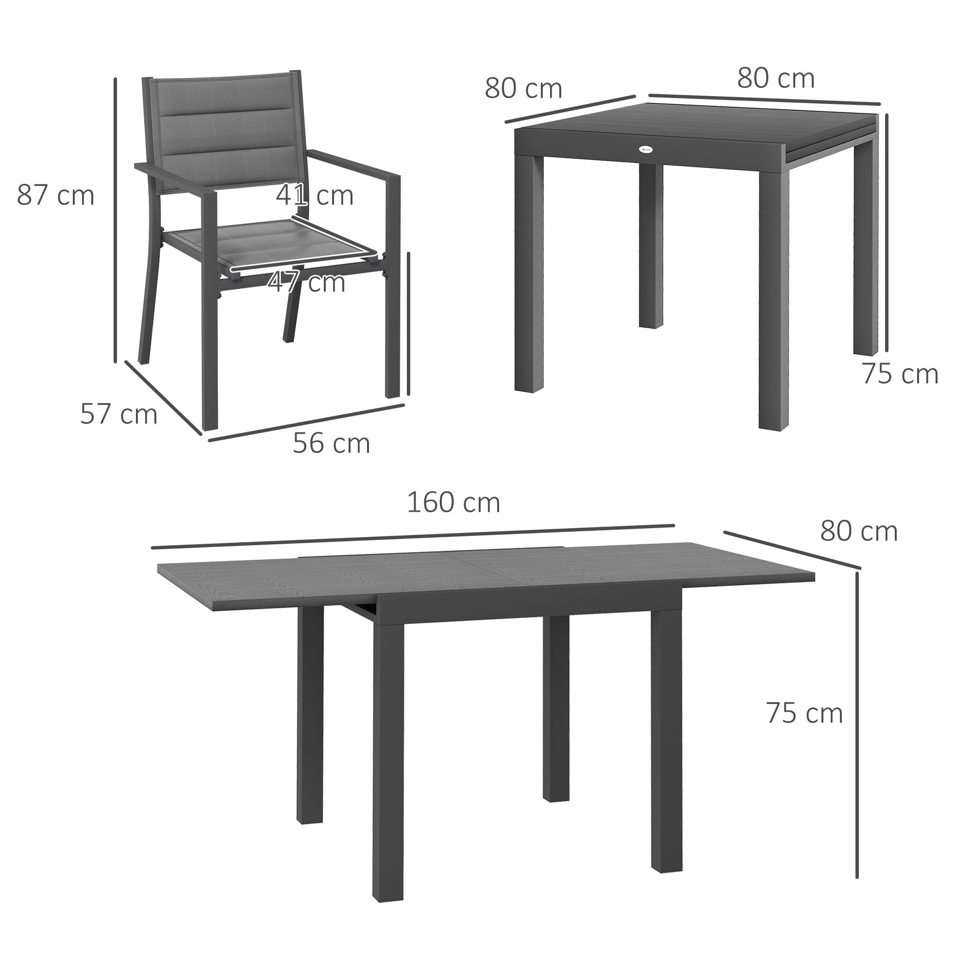 Ensemble salon de jardin 4 personnes 5 pièces table manger extensible anthracite