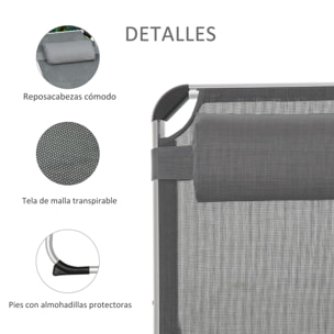 Tumbona Plegable Reclinable de Aluminio con Reposacabezas Extraíble y Respaldo Transpirable Ajustable en 4 Posiciones para Jardín Terraza Camping Exterior 165x60x76 cm Gris