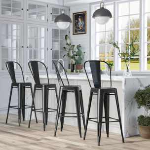 Lot de 4 tabourets de bar industriel avec dossier hauteur assise 76,5 cm métal noir