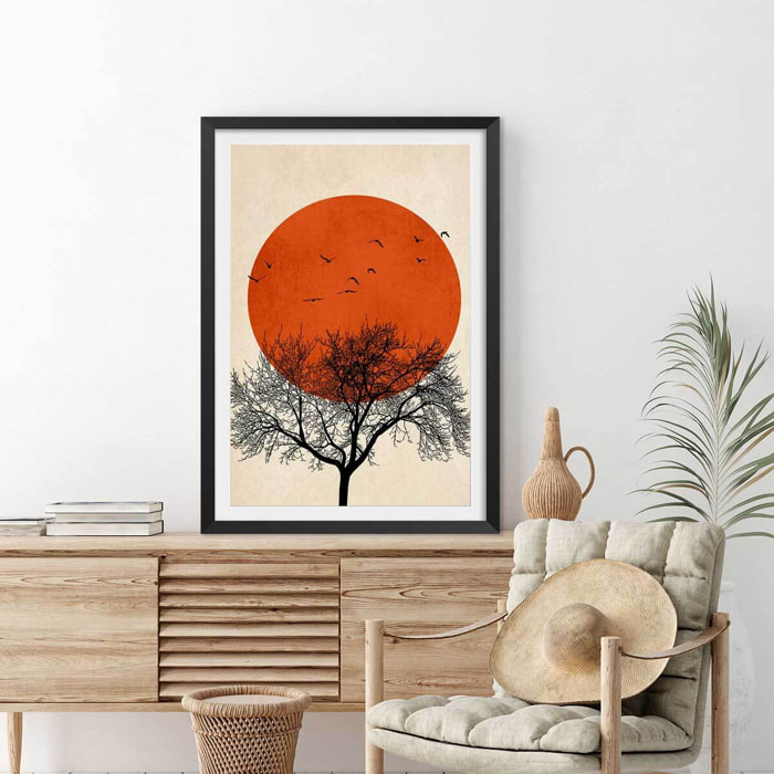 Affiche ""soleil rouge graphique"" Affiche sous cadre noir