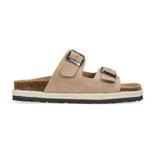 Sandalias planas serraje piel taupe con suela de corcho