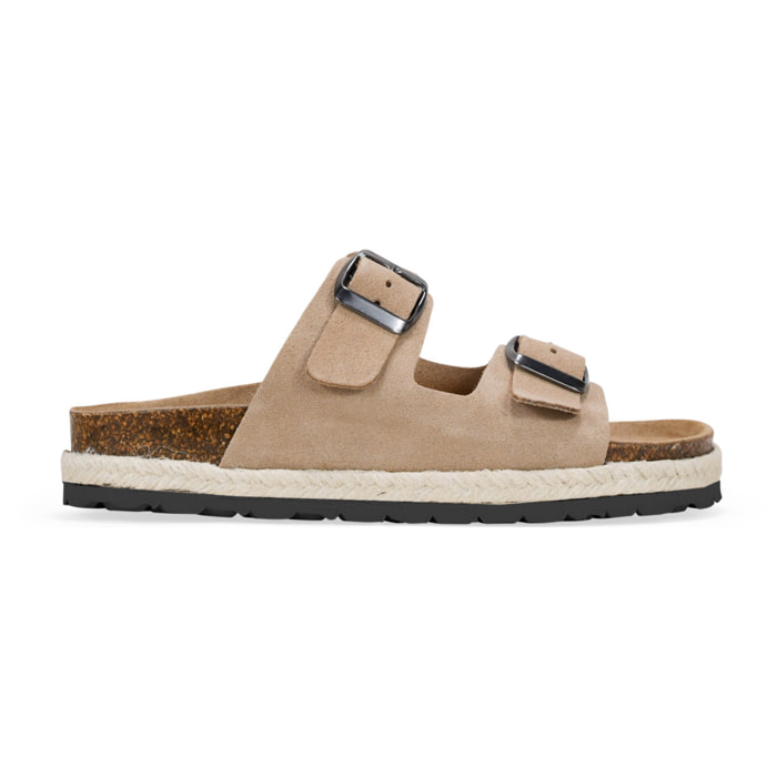 Sandalias planas serraje piel taupe con suela de corcho