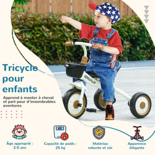 Tricycle enfant multi-équipé garde-boue sonnette panier pédales antidérapantes siège réglable avec dossier métal blanc