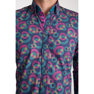 Camicia Uomo 1 Bottoni Button Down Slim Popeline Stampato Blu/Viola Ciclamino