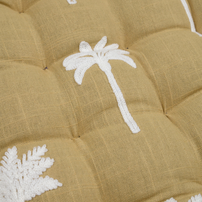 Galette de chaise brodée à motifs palmiers - Jaune moutarde