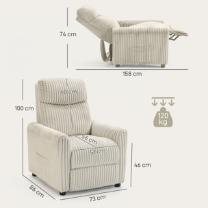 Sillón Relax Reclinable, Sillón Reclinable Manual, Tapizado en Pana, Instalación Rápida, Reposapiés, Acolchado Grueso, para Salón, Dormitorio, Oficina, Crema