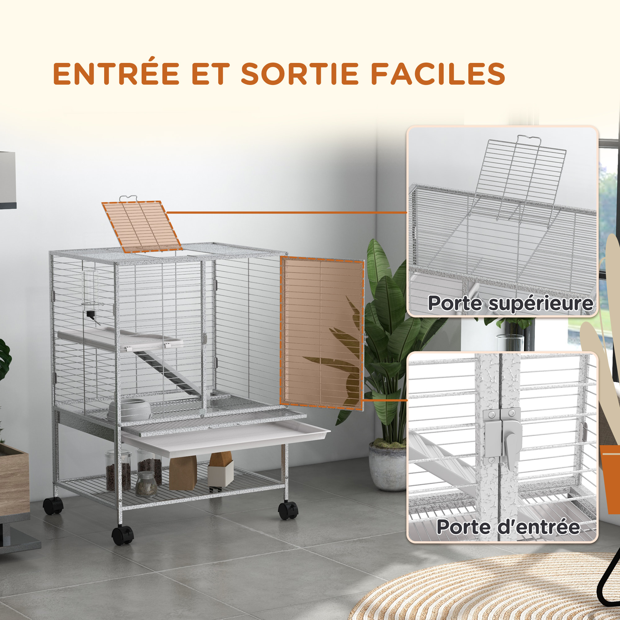 Cage pour rongeurs furet chinchilla plateforme rampe 2 portes biberon gamelle plateau étagère acier gris clair