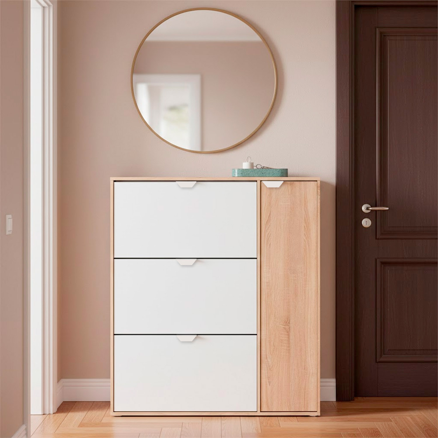 Multiuso 3 Ribalte Con Anta Laterale A 5 Ripiani Regolabili Salvaspazio Per Ingresso Fino A 30 Paia Di Scarpe 112 x 105 x 24 Cm Rovere E Bianco