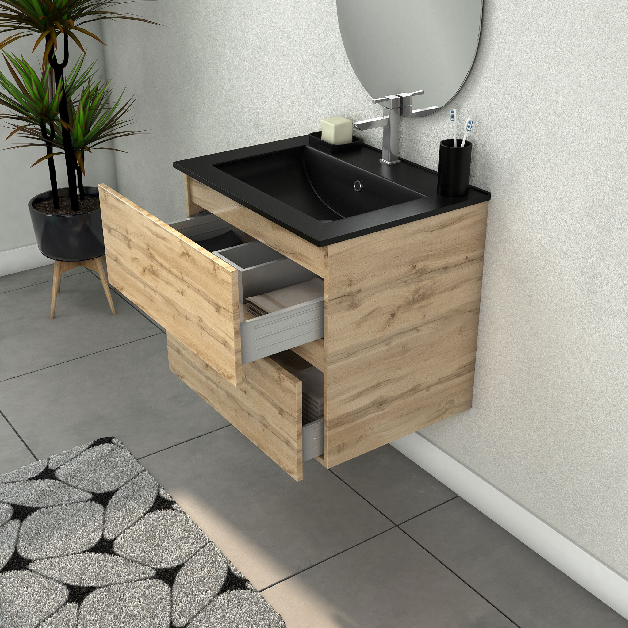 Meuble Salle de Bains 60cm 2 Tiroirs Chêne Naturel + Vasque Noire et Miroir Ovale