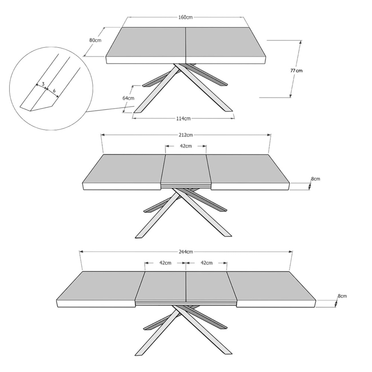 Table extensible 80x160/244 cm Karida frêne blanc pieds blanc