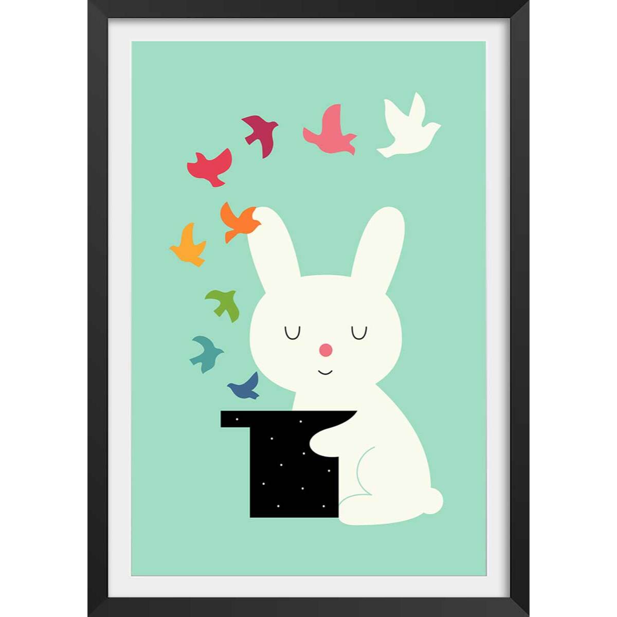 Affiche enfant lapin magicien  Affiche + cadre en bois - Noir