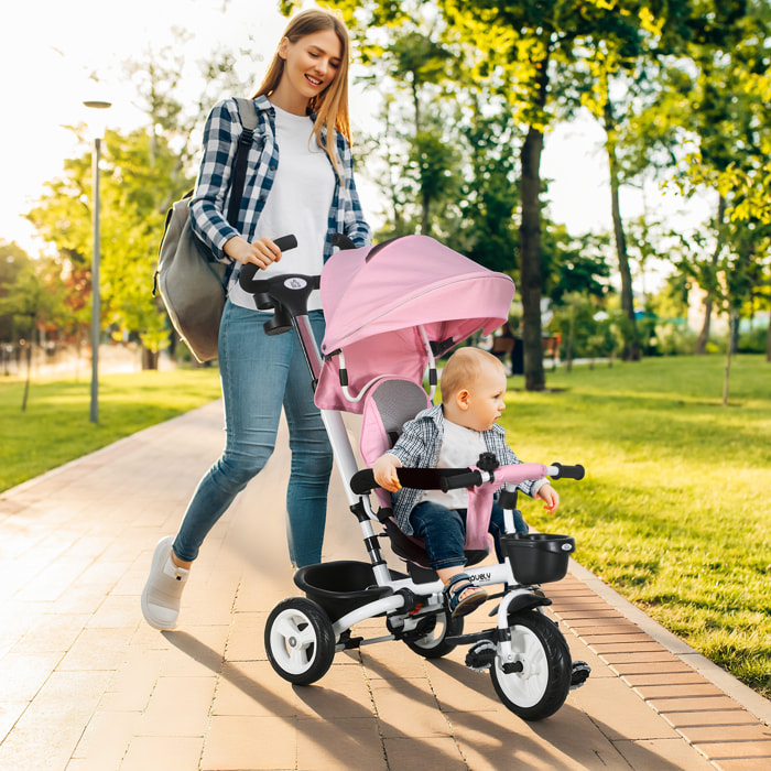 Tricycle enfant évolutif pliable pare-soleil canne télescopique amovible siège réversible rose
