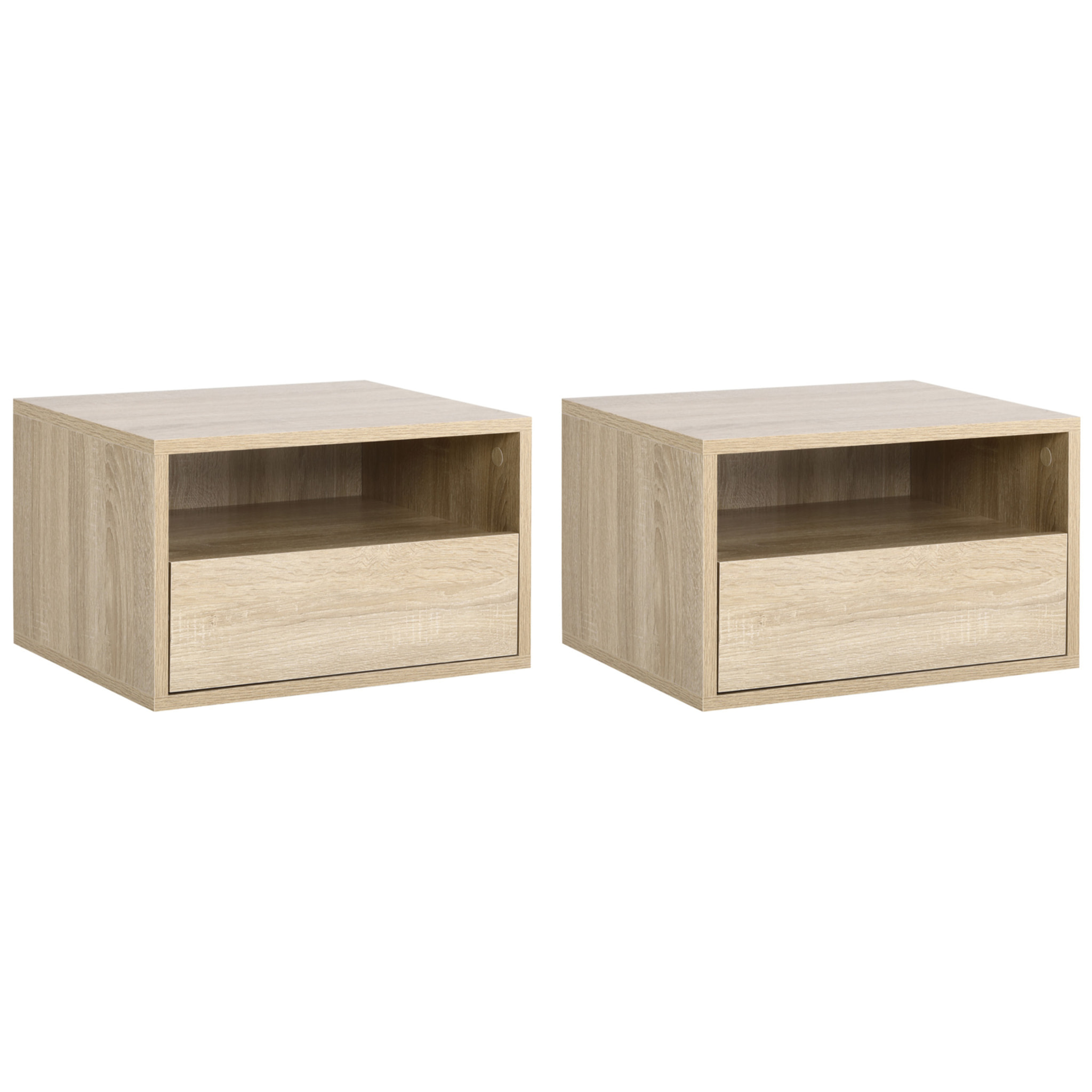 Lot de 2 tables de chevet murales - lot de 2 tables de nuit - tiroir coulissant, niche, plateau - panneaux particules aspect chêne clair