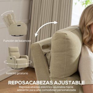 Sillón Relax Reclinable Eléctrico con Doble Motor, Sillón Reclinable de Chenilla Giratorio y Balancín con Reposacabezas Ajustable, Puertos USB y USB-C, Reposapiés, Botones Iluminados, Beige