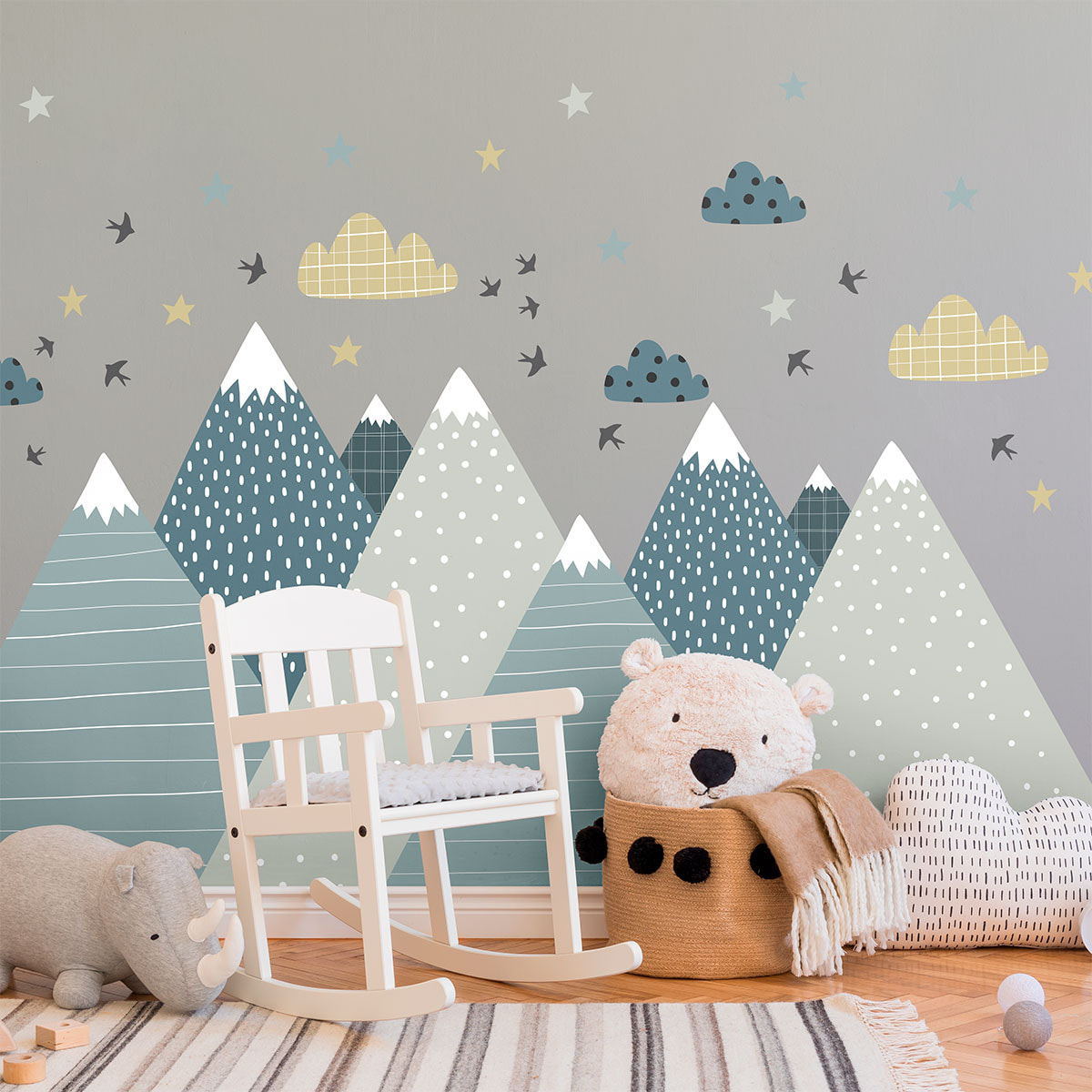 Stickers muraux enfants - Décoration chambre bébé - Autocollant Sticker mural géant enfant montagnes scandinaves ALIKA