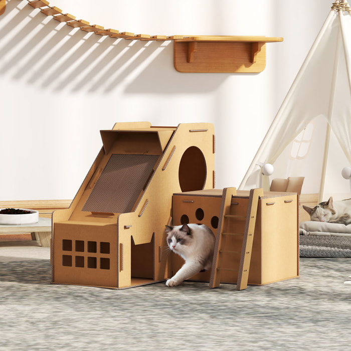 Rascador Cartón para Gatos Forma Castillo 2 en 1, Rascador para Gatos con 2 Zonas de Rascado, Catnip, Rampa y Escalera, para Interior, 67x66x57 cm, Marrón