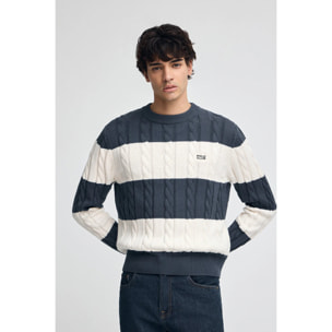 Maglione a righe blu denim ed ecrù in filo intrecciato con toppa Polo Club